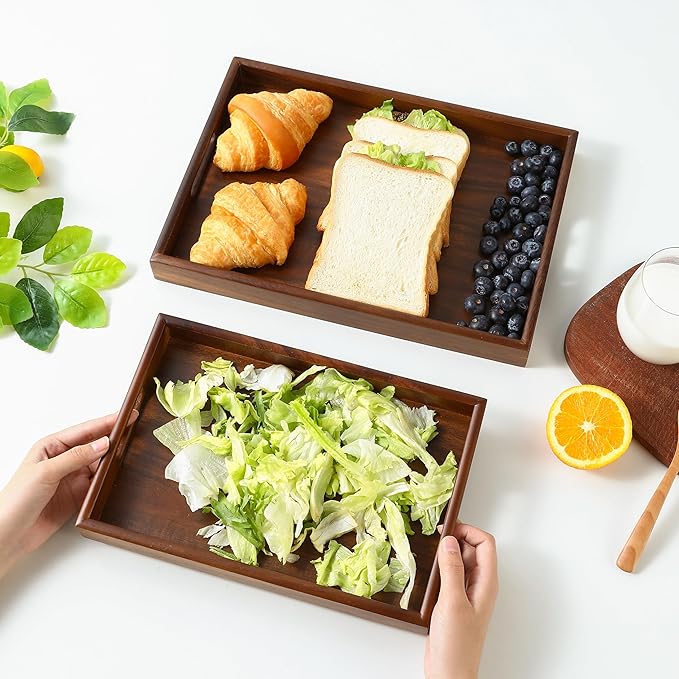 Premium Durable Rectangular Wooden Tray with Handle 12"-100% Natural Walnut Wood Serving Platter for Coffee Table-Great Ottoman Tray Home Decor Plates for Breakfast & Dining