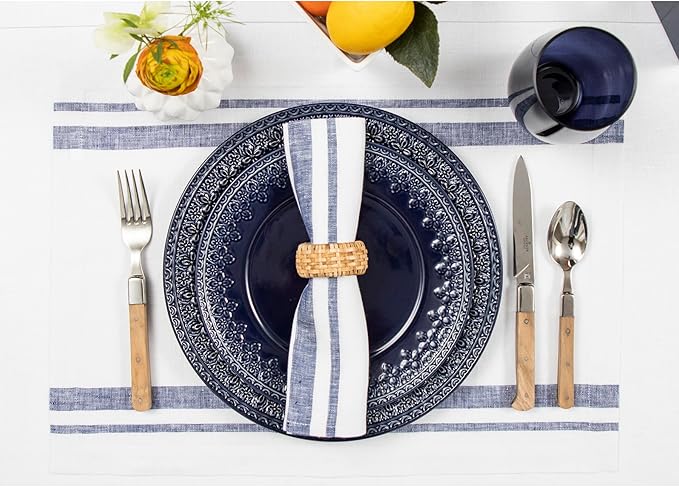 Solino Home Linen Placemats Set of 4 - French Stripe Navy and White Placemats 14 x 19 Inch - 100% Pure Linen Table Mats for Holiday, Winter