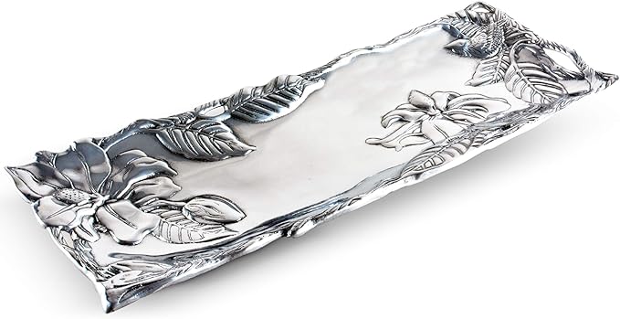 Arthur Court Designs Aluminum Magnolia Flower Metal Oblong Tray/Platter, 19 x 6 inches - Handcrafted Magnolia Blossoms and Twisting Branches, Freezer & Oven Safe, Engravable, Ideal for Wedding