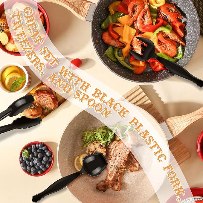 30 Pcs Black Plastic Serving Utensils Set - Includes 10 Spoons, 10 Tongs, 10 Forks - Heavy Large Disposable Serving Utensils for Parties, Holidays & Events,Gatherings