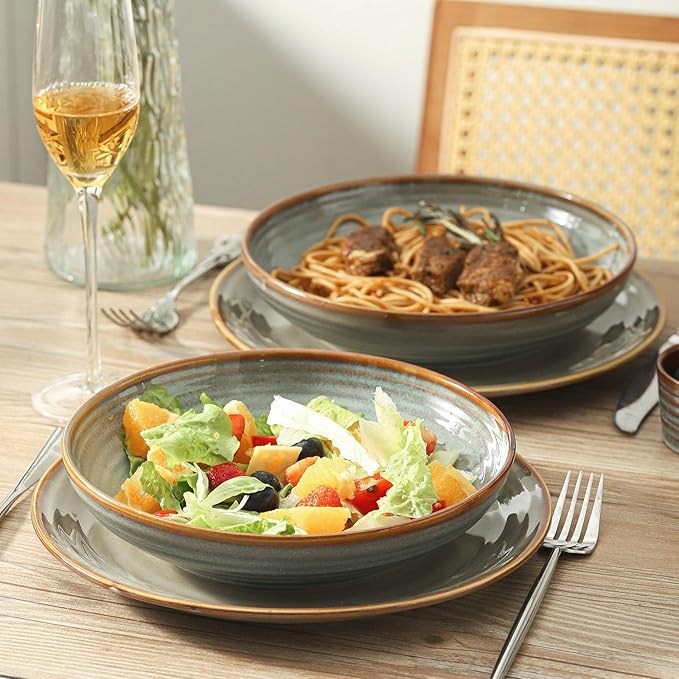 HASENSE Pasta Bowls Set of 4, 32 Ounce Ceramic Serving Bowls for Kitchen, 8.7 Inch Shallow Serving Dishes for Salad, Pasta, Soup, Dishwasher & Microwave Safe, Light Grey