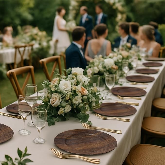 JEVERGN 10 Pack Farmhouse Charger Plates, 13'' Faux Wood Chargers for Dinner Plates, Brown Plate Chargers Set of 10, Round Plastic Charger for Wedding, Party Event, Dinner, Table Setting