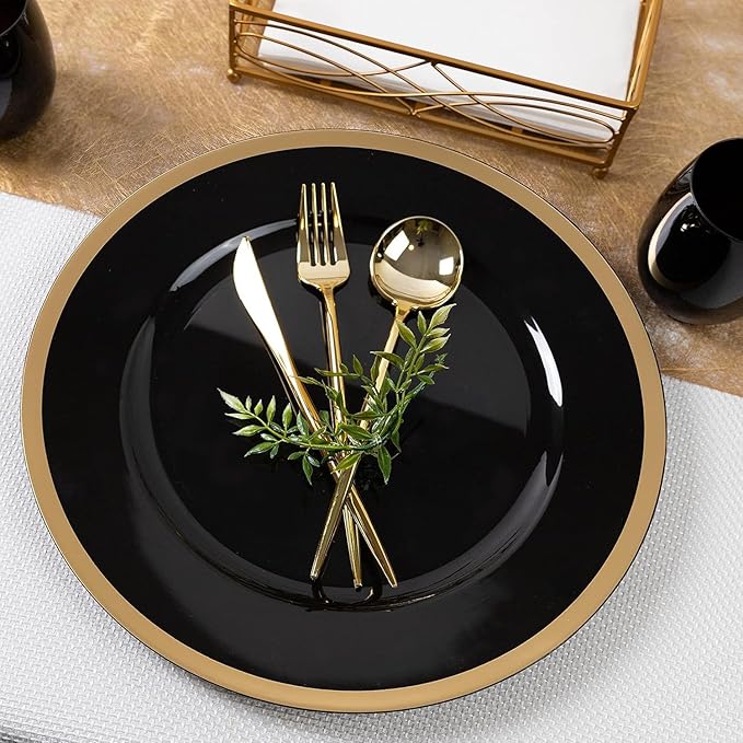 PARTY BARGAINS 13-Inch Charger Plates - 16 Pack, Black Gold Rim, Heavy-Duty Disposable Chargers for Elegant Dining - Ideal for Weddings and Formal Events