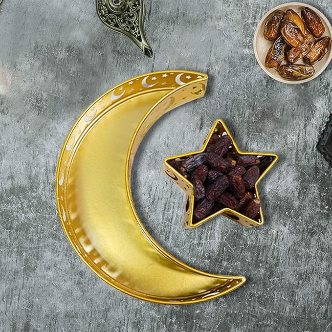 Eid Mubarak Moon Star Tray, Ramadan Decoration Ramadan Trays, Muslim Wooden Plate Tray Moon Star Shaped Food Fruit Serving Tray, Eid Mubarak Dessert Tray for Ramadan Festival Party(Golden A1)