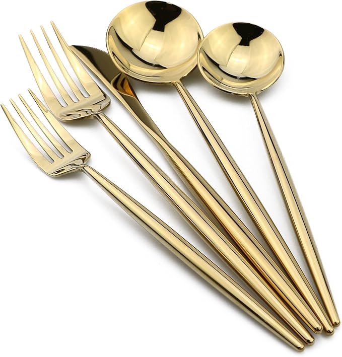 5-Piece Flatware Set, 18/10 Stainless Steel Dishwasher Safe, Mirror Polishing Gold