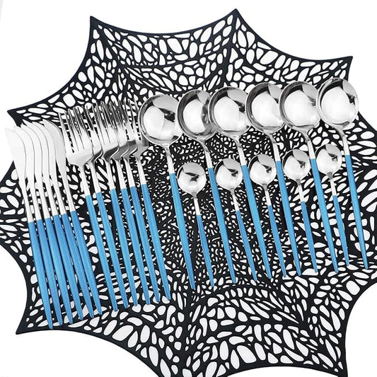 Mirror Silverware Set,24-Piece 304 Stainless Steel Shiny Flatware Set,Kitchen Utensil Set,Tableware Cutlery Set for Home and Restaurant, Dishwasher Safe Service For 6 (Blue/silver)