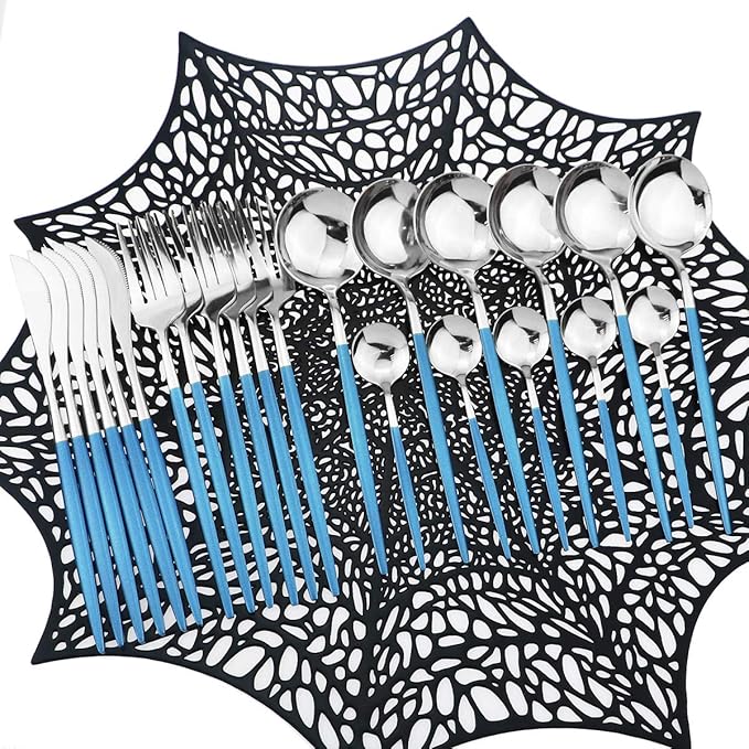 Mirror Silverware Set,24-Piece 304 Stainless Steel Shiny Flatware Set,Kitchen Utensil Set,Tableware Cutlery Set for Home and Restaurant, Dishwasher Safe Service For 6 (Blue/silver)