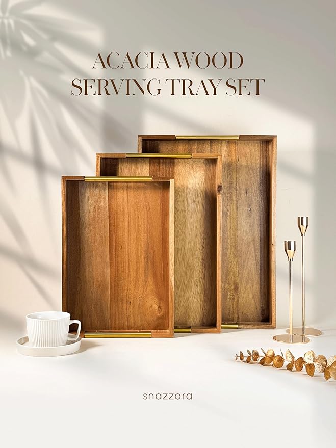 3 Pcs Acacia Wood Serving Trays with Golden Steel Handles 18", 16" & 14" with 6 Coasters - for Coffee Table, Ottoman in Living Room, Breakfast in Bed, Jewelry, Decorative, BBQ, Charcuterie