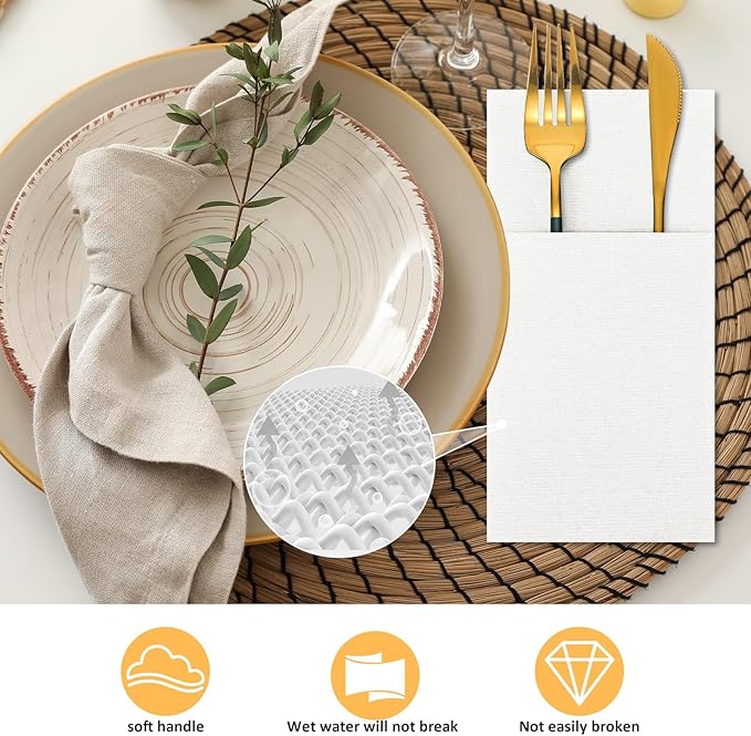Cindeer 150 Pcs White Linen Dinner Feel Napkins with Built in Flatware Pocket Prefolded Paper Disposable Airlaid Guest Hand Towel for Silverware Wedding Reception Christmas Baby Shower