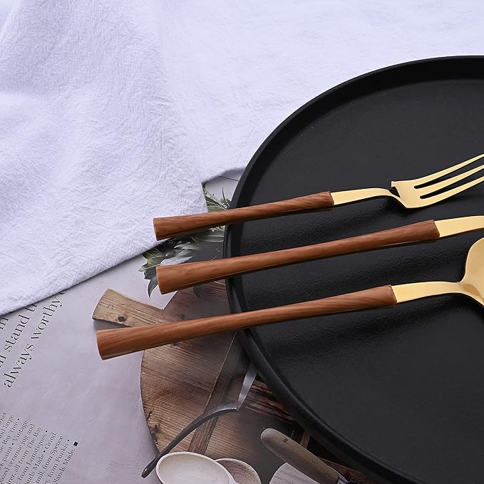 20 Piece Stainless Steel Cutlery Flatware Set, Mirror Polished Silverware Set with Wood Grain Handle, Kitchen Utensil Sets for 4, Tableware With Knife Spoons And Forks Set (Brown Gold)