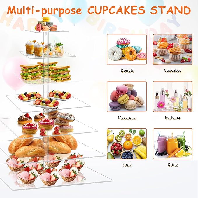 7 Tier Large Cupcake Stand, Square Cupcake Stand for 150 Cupcakes, Tiered Cupcake Holder Stand, Clear Acrylic Cup Cake Tower Stand, Dessert Table Display Set for Gatherings and Celebrations