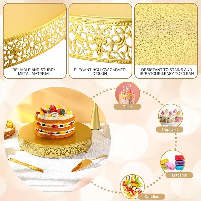 Wenqik 14 Inch Christmas Cake Stand Gold Metal Round Cupcake Dessert Stand with Cake Cutting, Spatula Xmas Cupcake Pastry Display Candy Holder Display for Christmas Wedding Birthday Party(Classic)