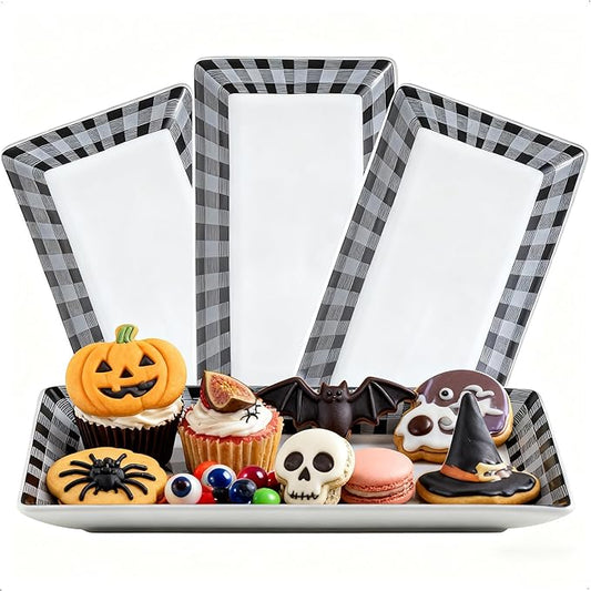 YHOSSEUN Ceramic Serving Platters Set of 4, Black and White Serving Platters and Trays for Food, Rectangular Halloween Plates Serving Dishes for Parties, Checkered, 12 Inch