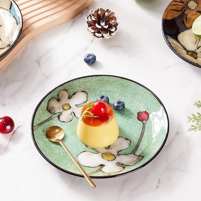 Ceramic Salad Plates Set,8 in - Plates Set of 6 - For Steak,Salad, Pasta,Appetizer, Serving Etc - Dishwasher, Microwave, and Oven Safe, Scratch Resistant, Smooth Glaze (Multicolor A, 8 Inch)