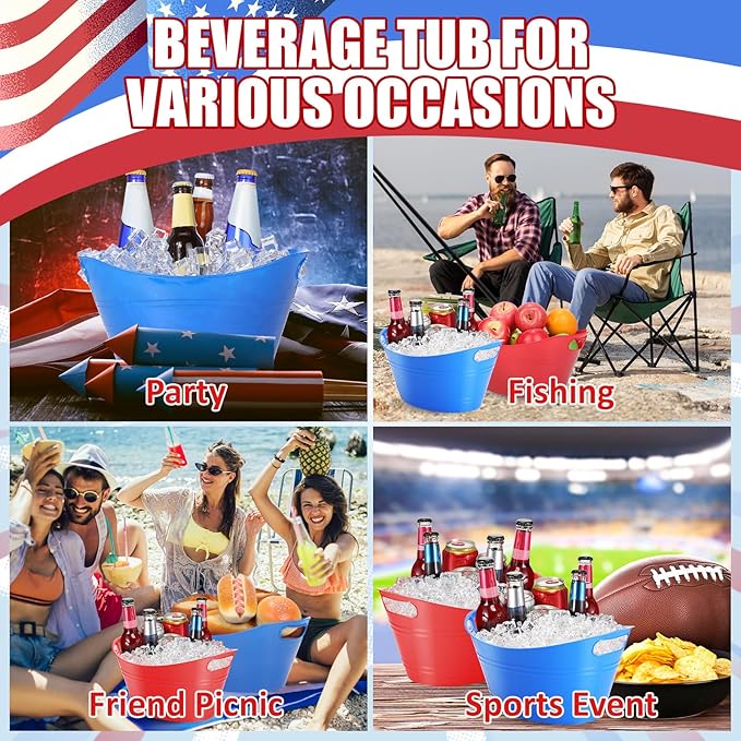 Norme 24 Pcs Oval Storage Tub with Handles 4.5L Plastic Ice Bucket, Wine, Beer, Champagne Drink Cooler for Parties, Beverage Storage Basket(Blue & Red)