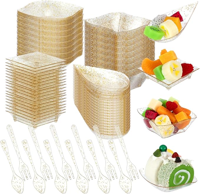 Tessco 400 Pcs Mini Dessert Plates Set, Including 200 Disposable Appetizer Plates Assorted Shape 100 Mini Plastic Forks 100 Plastic Spoons for Party Birthday(Gold Glitter)