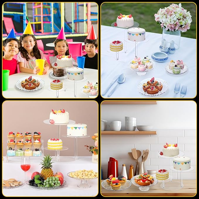 6 Pcs Acrylic Cake Stands Set Include 2 Display Risers 1 Pcs 4 Tier Cupcake Tower and 3 Clear Round Dessert Trays Cake Table Holder for Wedding Baby Shower Decoration(Vintage Style)