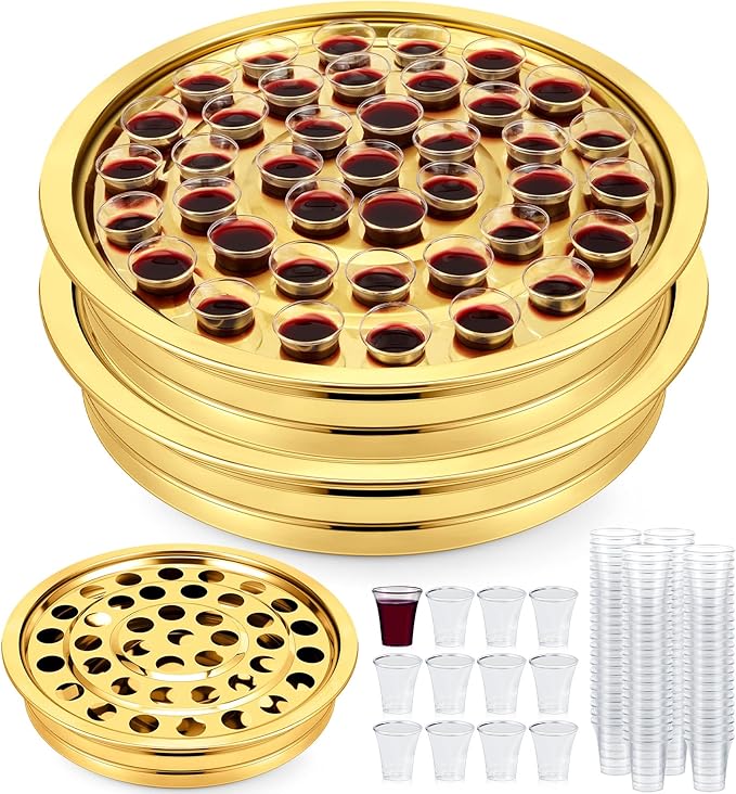 Zhehao 2 Pcs Easter Communion Trays for Churches Set Church Supplies Plates for Church with Disposable Cups (Gold)
