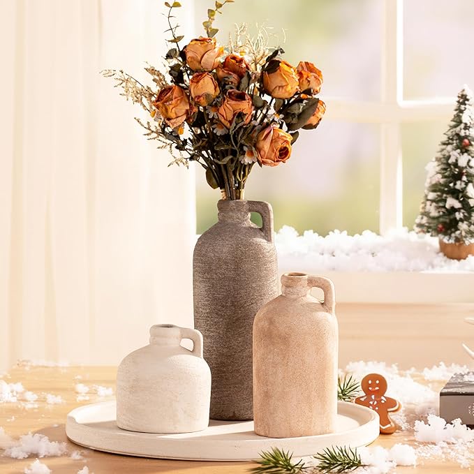 Ceramic Vase Home Table Decor - Flower Vase Set of 3 Living Room Kitchen Decorations Farmhouse Modern Rustic Vases Decorative Centerpiece for Shelf Bedroom Office Bathroom Dining Coffee Desk