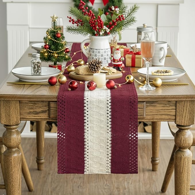 Artoid Mode Red Farmhouse Rustic Table Runner, Seasonal Christmas Hollow Kitchen Dining Table Decoration for Home Party Decor 12x72 Inch