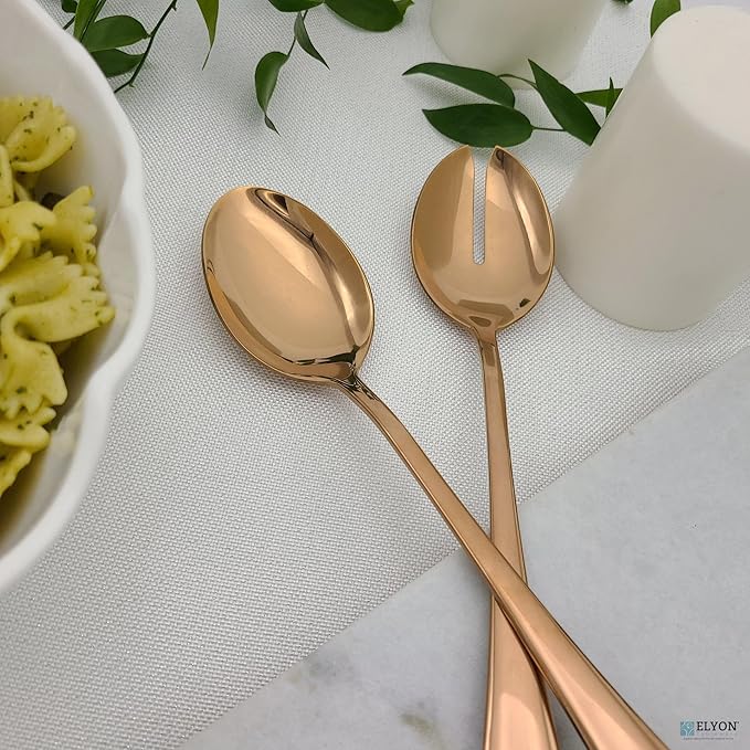 Elyon 3-Piece Copper Flatware Serving Spoons, Stainless Steel Hostess Set, Reflective Mirror Finish, Salad Servers with Complimentary Pie Pastry Server, Reusable Dishwasher Safe