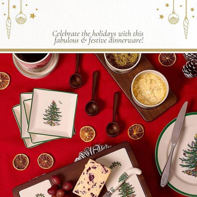 Spode Christmas Tree Tidbit Square Plates (Set of 4) - Festive 5-Inch Ceramic Plates for Canapés, Sweets, and Desserts - Dishwasher, Microwave, Freezer Safe - Excellent for Holiday Entertaining