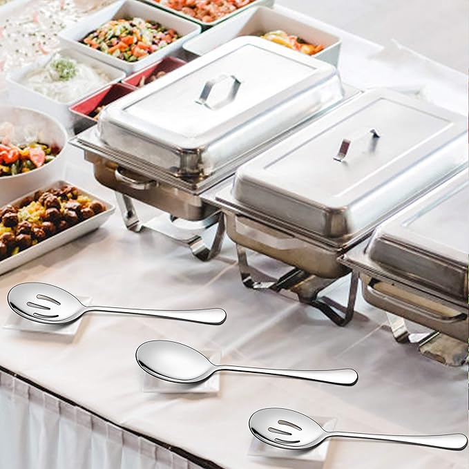 LIANYU 8 Pack Large Slotted Stainless Steel Serving Utensils - 9.8 Inch Spoon Set for Banquet Catering Buffet Dinner Restaurant Party