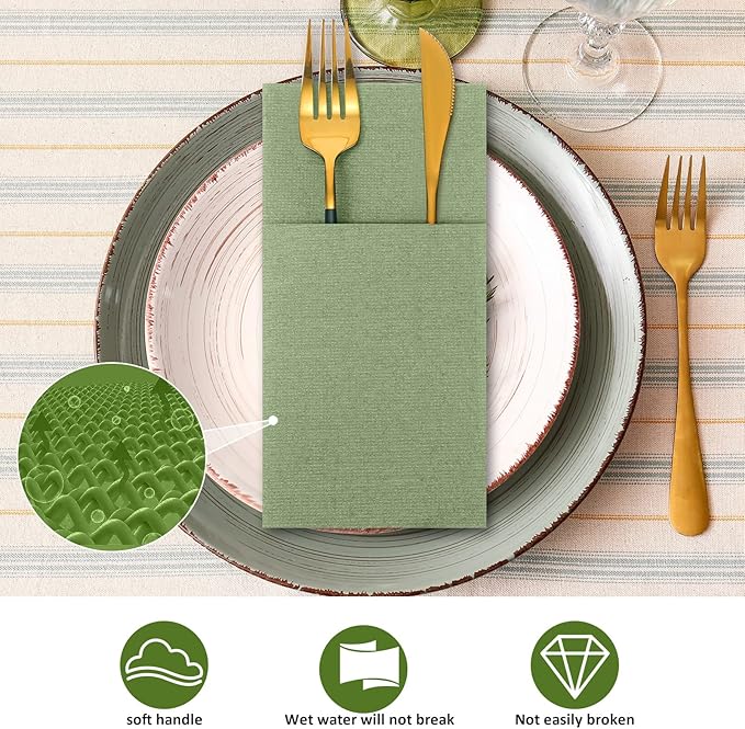 Cindeer 150 Pcs Sage Green Linen Dinner Feel Napkins with Built in Flatware Pocket Prefolded Paper Disposable Airlaid Guest Hand Towel for Silverware Wedding Reception Christmas Baby Shower
