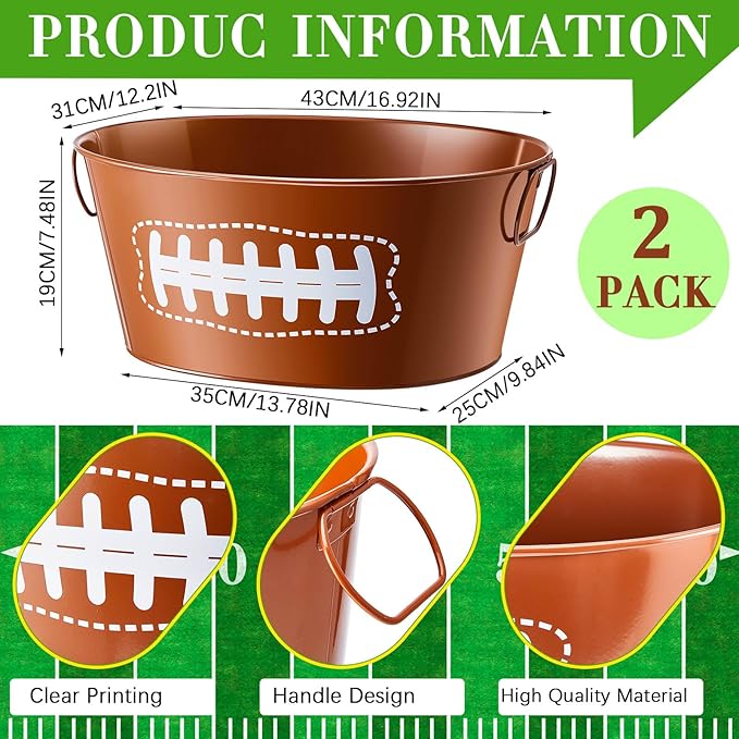 Ctosree 2 Pcs 4 Gallon Football Galvanized Metal Ice Buckets Beverage Tubs Football Party Large Drink Tin Bins Beer Wine Champagne Cocktail Cooler for Game Bar Supplies(Classic)