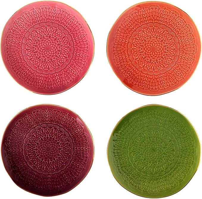 Santa Barbara Design Studio 4-Piece Appetizer Plates Set Gold Rim Stamped Ceramic Dessert Plates, 6" Diameter, Maroon/Pink/Orange/Green