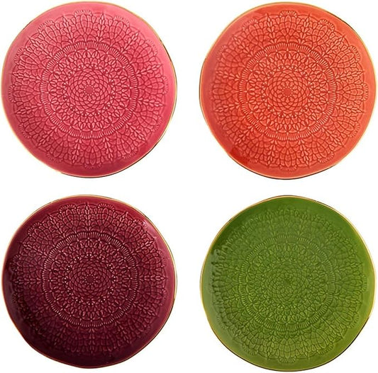 Santa Barbara Design Studio 4-Piece Appetizer Plates Set Gold Rim Stamped Ceramic Dessert Plates, 6" Diameter, Maroon/Pink/Orange/Green