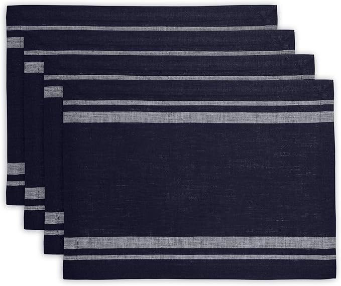 Solino Home Linen French Stripe Placemats Set of 4-14 x 19 Inch Placemats White and Navy - 100% Pure Linen Table Mats for Christmas, New Year
