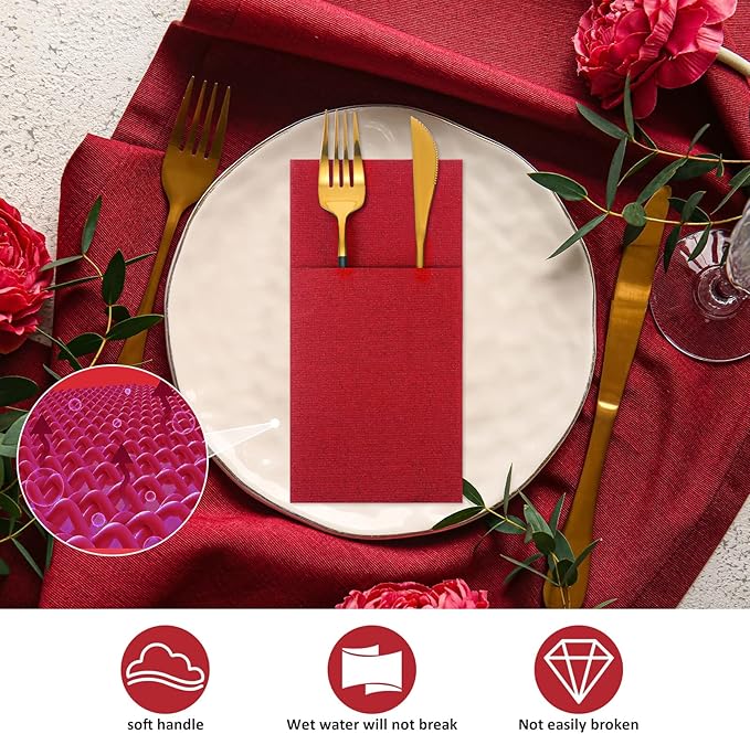 Cindeer 150 Pcs Red Linen Dinner Feel Napkins with Built in Flatware Pocket Prefolded Paper Disposable Airlaid Guest Hand Towel for Silverware Wedding Reception Christmas Baby Shower