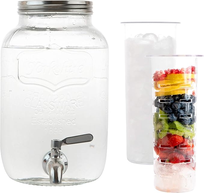 2 Gallon Glass Beverage Dispenser with Ice and Fruit Infusers, Stainless Steel Spigot and Metal Lid, Wide Mouth Mason Jar Drink Dispenser, for Iced Tea, Kombucha Brewing and more