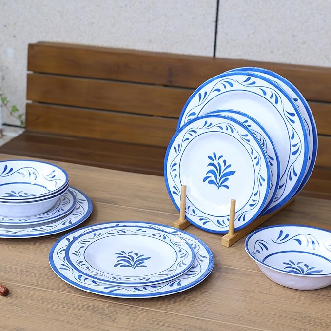 Melamine Dinnerware Sets 12 Pcs, Melamine Plates and Bowls,Party Plates and Bowls Sets, Camping Dishes Set for 4, Unbreakable, BPA Free, Dishwasher Safe （Blue water drop flower）