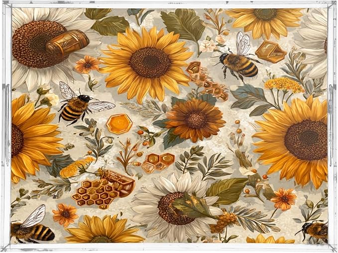 Serving Tray with Handles Clear Acrylic Tray 12x16 Inch Decorative Rectangular Tray Organizer for Ottoman Coffee Table Bathroom Beige Bees Sunflowers Daisy
