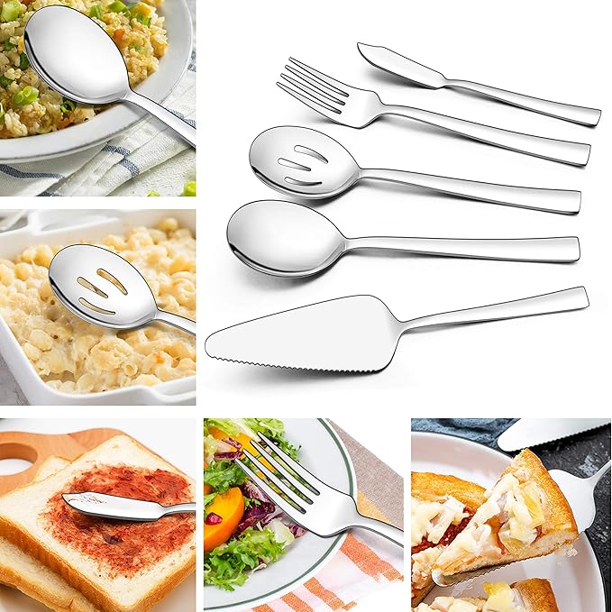 LIANYU 45-Piece Silverware Set with Serving Utensils, Stainless Steel Square Flatware Cutlery Set for 8, Eating Utensils Tableware Set, Mirror Finish