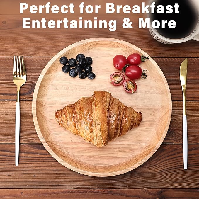 9.5" Round Wooden Serving Tray, Small Round Wooden Serving Platter for Bread, Fruit, Dessert, Various Food Storage and Display, Wood Try Organizer for Home Kitchen Countertop