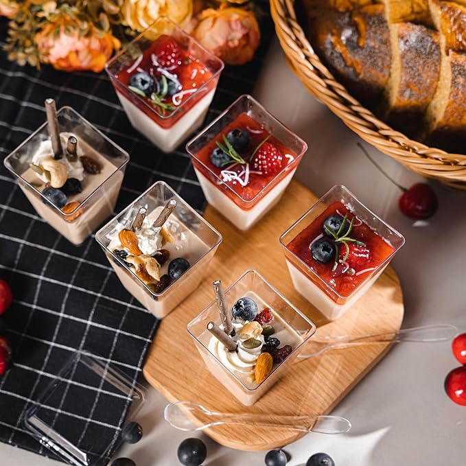 50 Pack 5oz Mini Dessert Cups with Soopns, Clear Square Dessert Bowls Small Plastic Yogurt Parfait Cups Appetizer Cup for Wedding Party