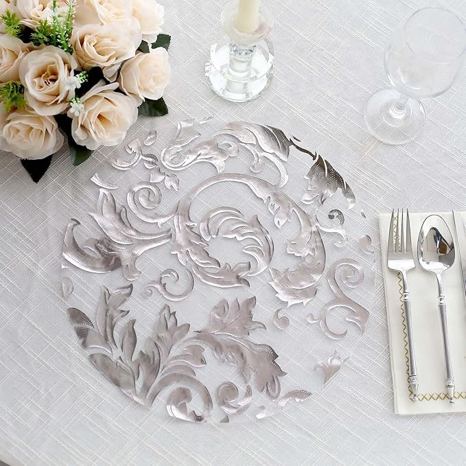 20 Pack 13" Silver Sheer Organza Placemats - Round Floral Foil Design Disposable Elegant Perfect for Parties and Events