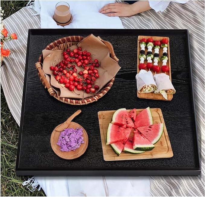 20 x 20 Inches Large Square Black Solid Wood Ottoman Tray, Serve Tea, Coffee or Breakfast in Bed, Classic Wooden Decorative Serving Tray with Raised Edges, Kitchen Party Bar Server Table Tray