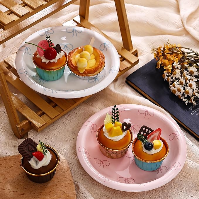 Koythin Ceramic Dessert Plates, Cute Pink Dish Bow Salad Plates for Home Party Restaurant, Round Kitchen Plates, Microwave and Dishwasher Safe (Pink Plate Bow)