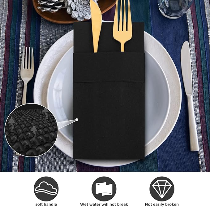 Cindeer 150 Pcs Black Linen Dinner Feel Napkins with Built in Flatware Pocket Prefolded Paper Disposable Airlaid Guest Hand Towel for Silverware Wedding Reception Christmas Baby Shower