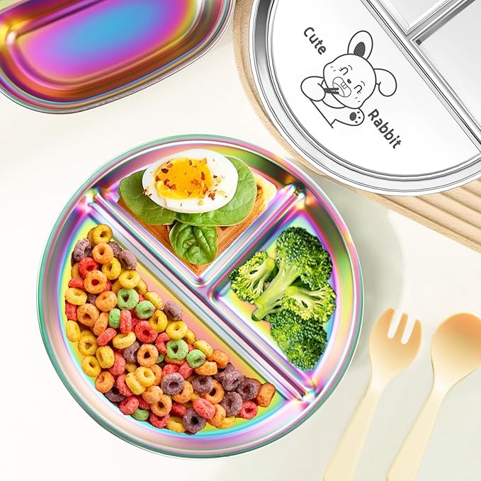 9" Stainless Steel Toddler Plates Set of 4, Divided Plate for Kids & Baby, Non Toxic Unbreakable Dishes Dinnerware Adults Portion Control Snack Container, Colorful Meal Time Chums