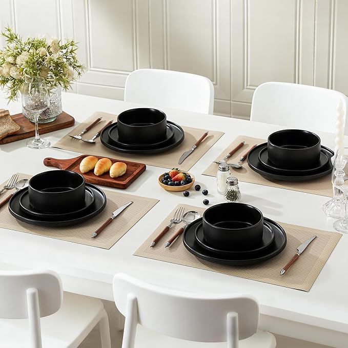 24 Piece Ceramic Dinnerware Set for 8, Modern Minimalist Stoneware Dinner Plates and Bowls, Microwave Safe, Dishwasher Safe, Versatile for All Seasons, Matte Black