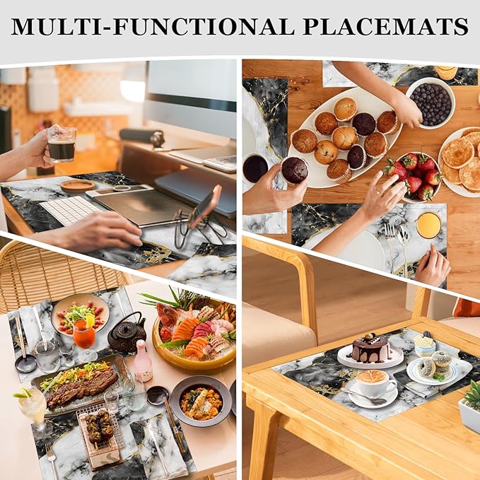 Mcalk 4 Each Black Marble Placemats and Cloth Napkins Set of 8, Modern Art Placemat, Marble Print Cloth Napkin for Home Kitchen Decor (Placemats 18 "x12 Napkins 18 "x18)