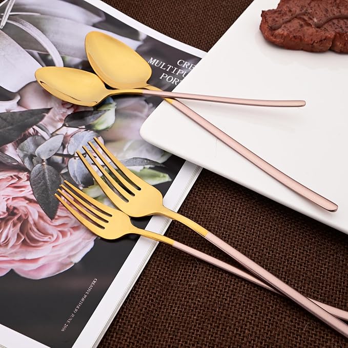 36pcs Silverware Set, 18/10 Stainless Steel Serving Flatware With Curved Handle For 6, Durable Eating Utensils For Home Entertaining, Mirror Polished (Pink Gold)