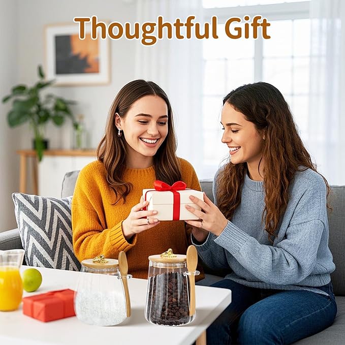 2Pcs Sugar Container with Bamboo Lid and Spoon, Glass Sugar Bowl, Clear Airtight Coffee Canister, Large Capacity Glass Jar for Storing Sugar Oats Coffee Beans Spices Tea