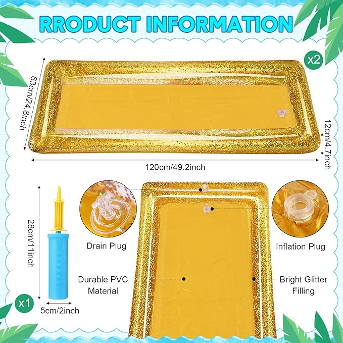 8 Pcs Glitter Inflatable Serving Bar Kit Includes 2 Salad Buffet Tray with Drain Plug 5 Mesh Food Cover 1 Inflator Inflatable Food Drink Containers for Outdoors Pool Party Camping(Gold)