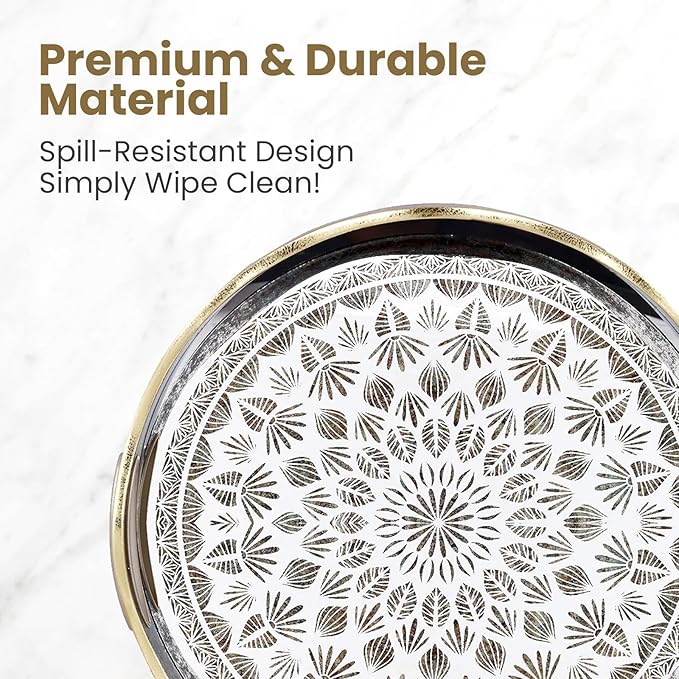 Round Serving Tray with with Handles Antique Look & Stylish Design Decorative Trays for Kitchen Round Ottoman Tray for Dinning Living Room & Home Decor Pack of 2 (Black-Gold)